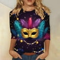 thumbnail image 1 of RKSTN Mardi Gras 3/4 Sleeve T Shirts for Women Top Oversized Crewneck Carnival Mask Print 3/4 Length Sleeve Shirt Womens Casual Round Neck Mask Tuesday Carnival Party Three Quarter Sleeve Tee Shirt, 1 of 5