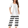 thumbnail image 2 of Hrsba Sleepwear Set for Women, Striped Print Crew Neck Button Front Pants Short Sleeve Comfortable Loose Pajama Set, 2 of 5