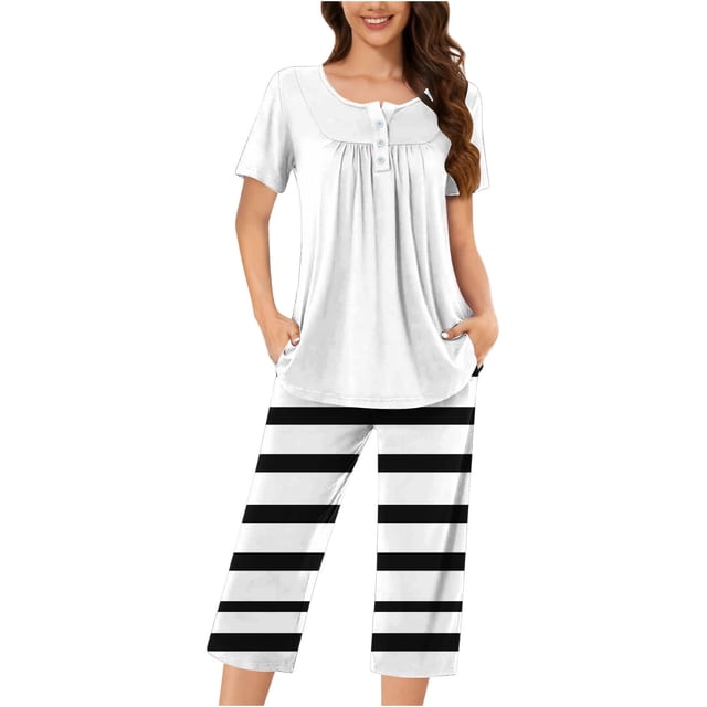 Timegard Ensembles de Pyjamas pour Femmes 2 Pcs Détente Col Rond Manches Courtes Haut Pantalon Capri à Rayures avec Poches Tenues