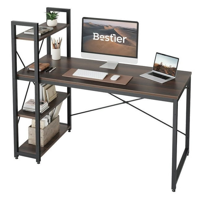 Bestier 55 inch Computer Desk with 4-Tier Shelves Craft Table Writing Study Table, Brown