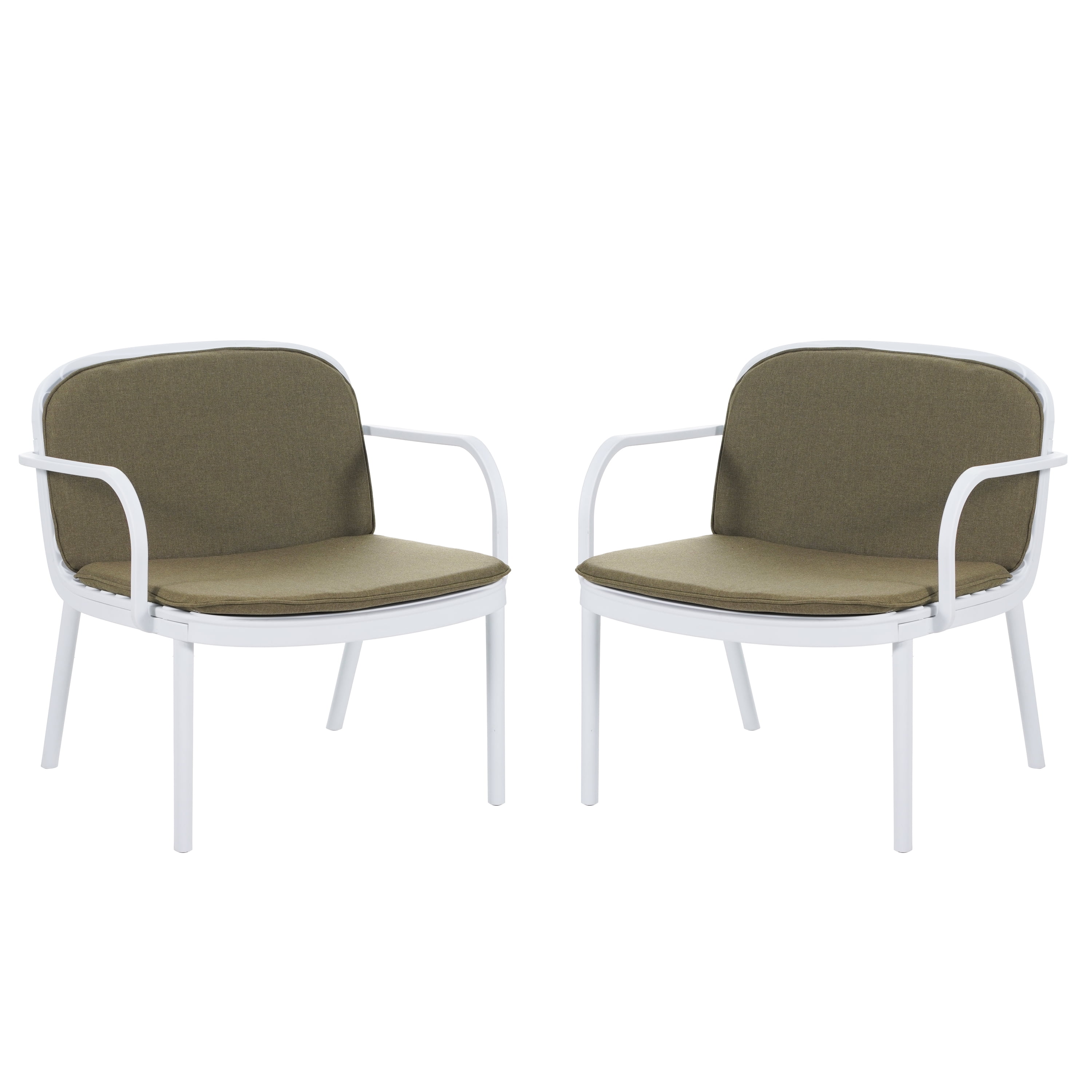 Patio Chair Set, Outdoor Club Chairs with All-Weather PP Frame and Fade-Resistant Cushion, Ergonomic Design for Patio and Balcony, Set of 2 Chairs, White Frame with Green Cushion