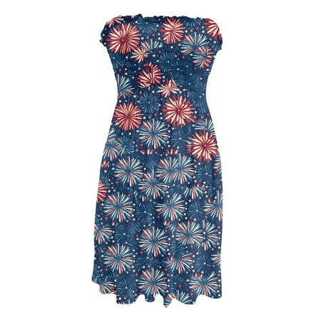 CHCNHAC Summer Dresses for Women 2025 Independence Day Patriotic Dresses American Flag Graphic Flattering Flowy Swing Strapless Tea Party Dress Navy L