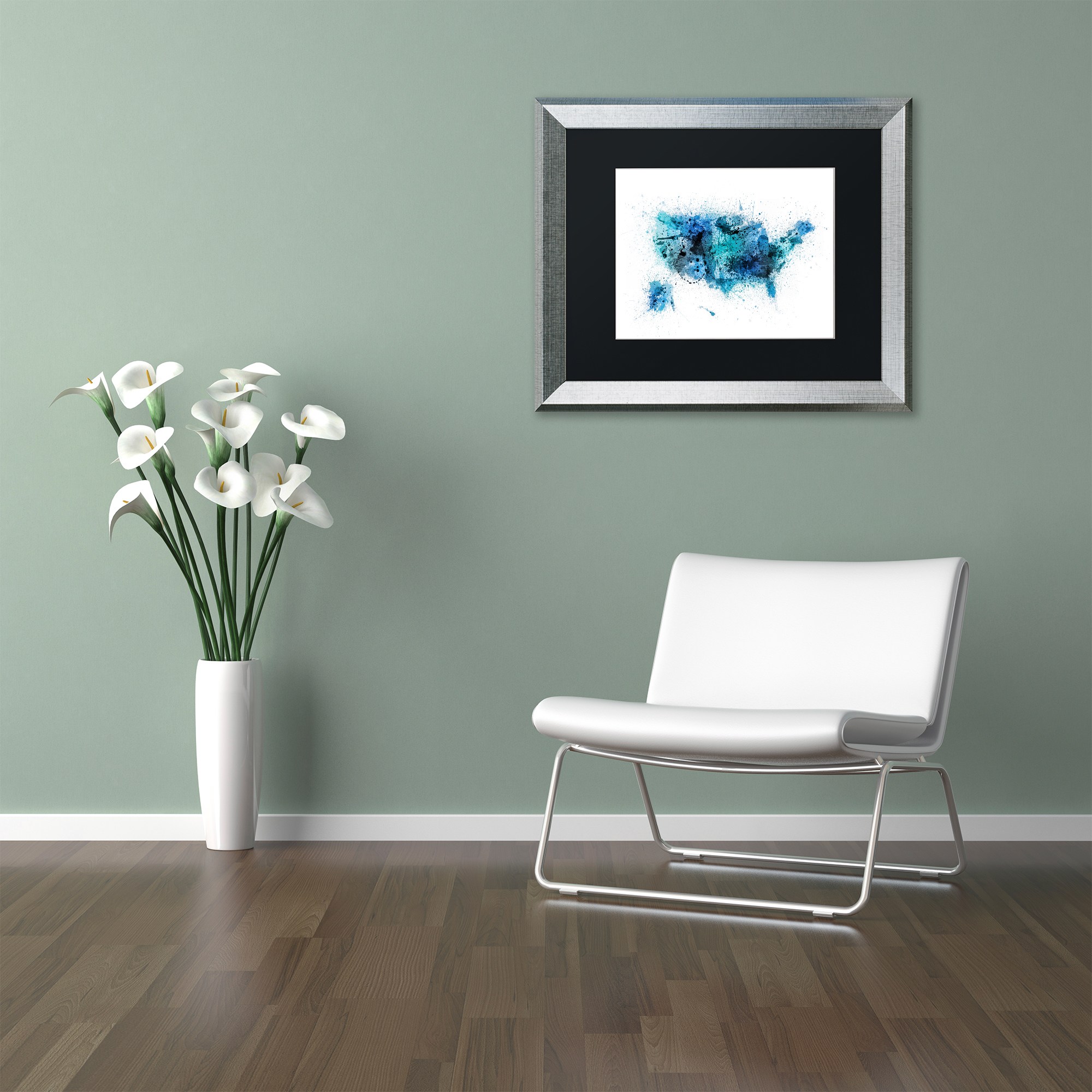 Trademark Fine Art "US Paint Splashes Map" Canvas Art by Michael Tompsett, Black Matte, Silver Frame