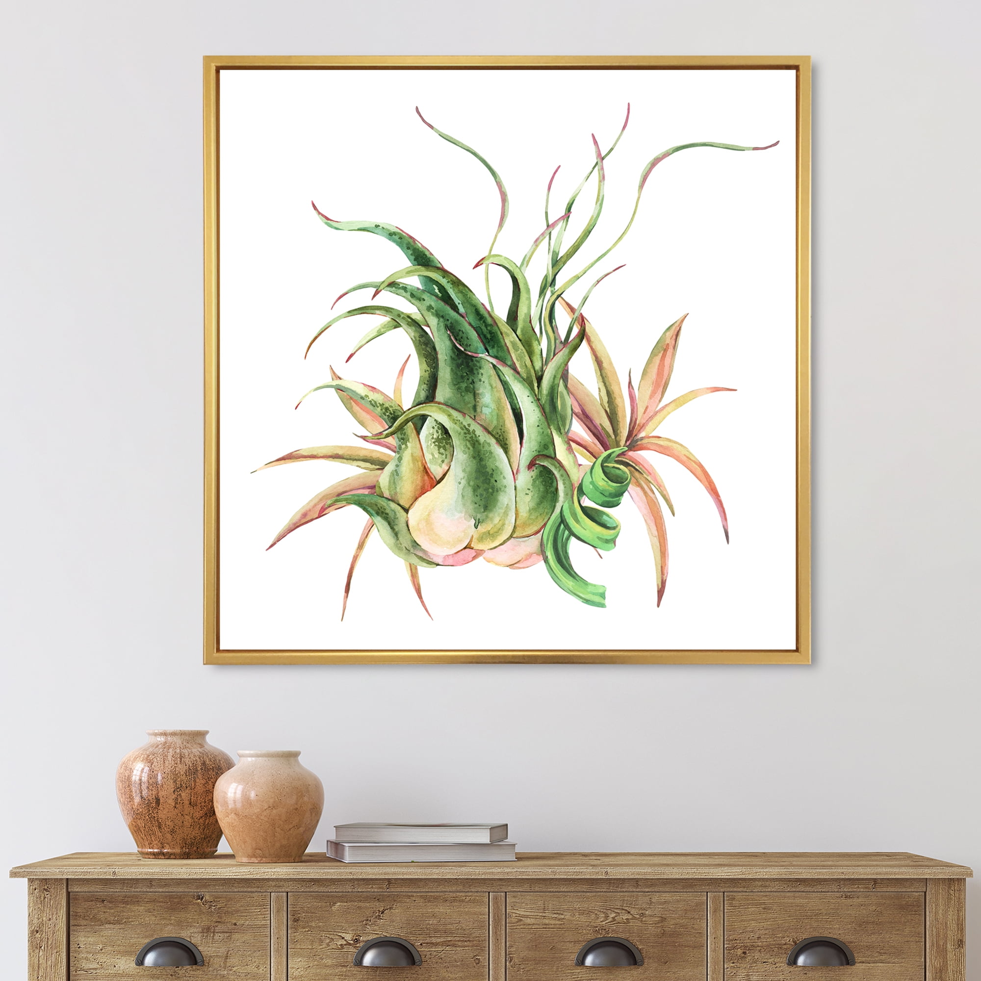 Designart 'Tropical Leaves Air Plant Succulent On White' Farmhouse Framed Canvas Wall Art Print