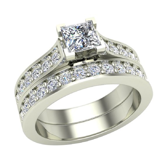 Princess Cut Cathedral Accented Diamond Wedding Ring Set 1.25 CTW 14K White Gold