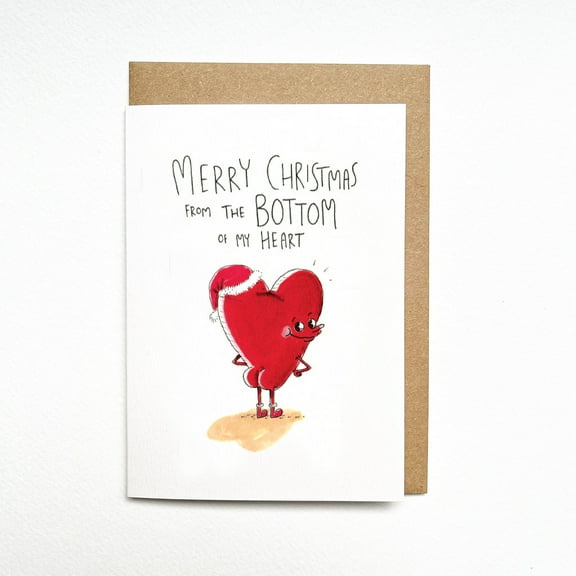 Christmas Card - "Merry Christmas from the Bottom of My Heart" - Fun Heart Character Design - Blank Inside with Envelope - Perfect Holiday Greeting for Friends and Loved Ones