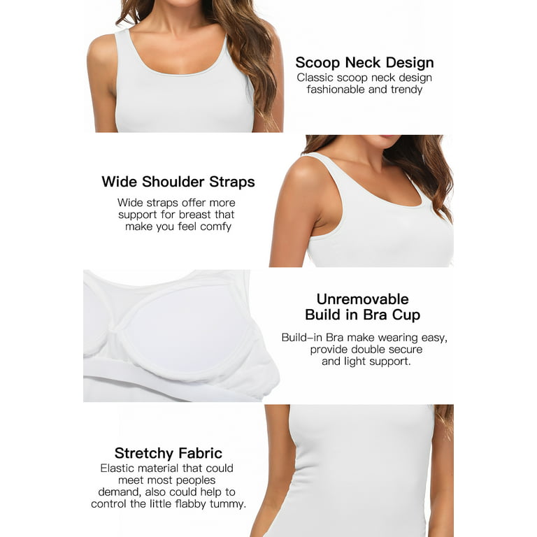 CARCOS Womens Tank Tops with Built in Shelf Bra Plus Size Basic Stretchy  Padded Camisole Casual Layering Tanks Undershirt White M