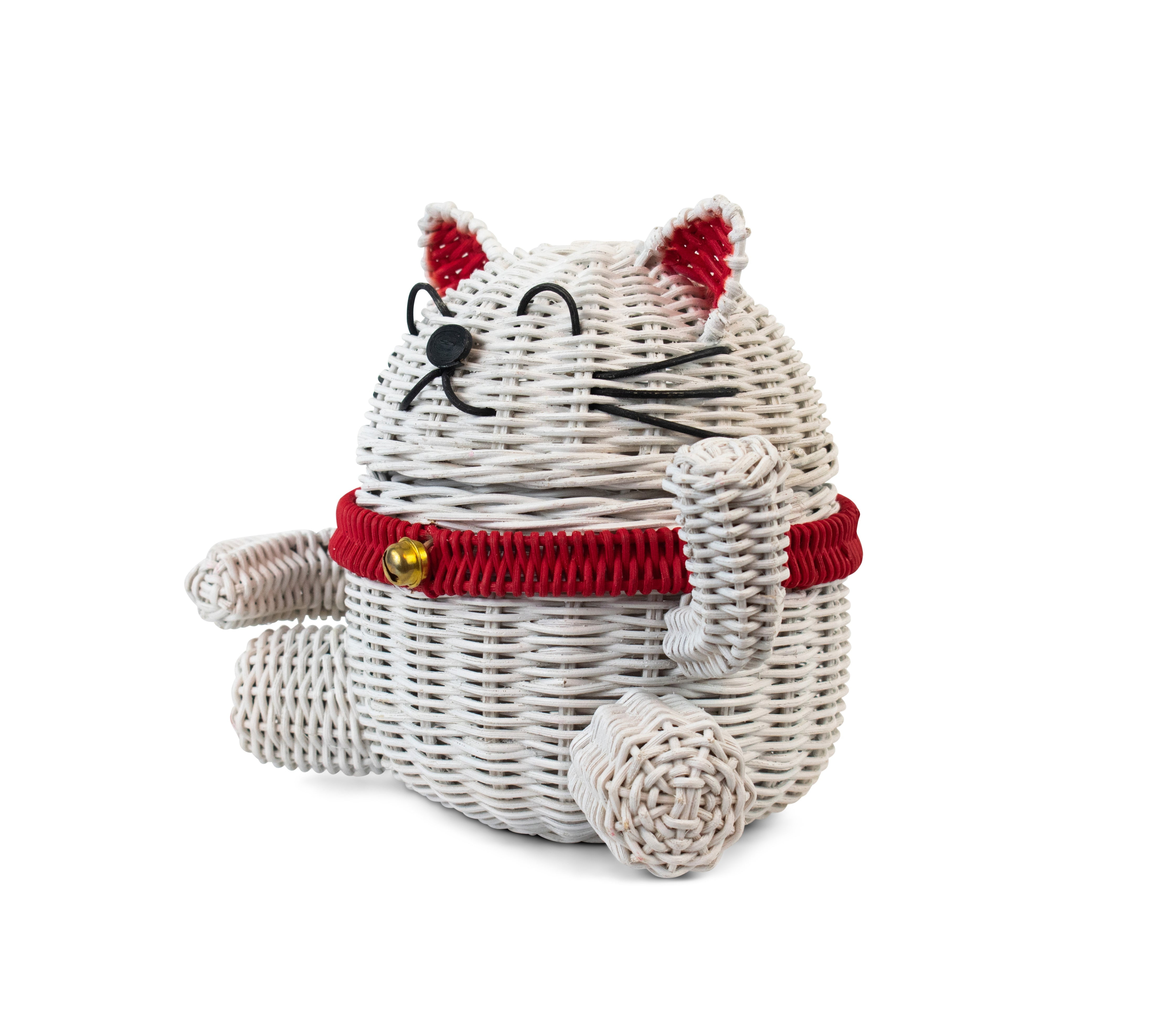 G6 Collection Lucky Cat Rattan Storage Basket with Lid Decorative Bin Home Decor Hand Woven Shelf Organizer Cute Handmade Handcrafted Gift Art Artwork Wicker Kitten