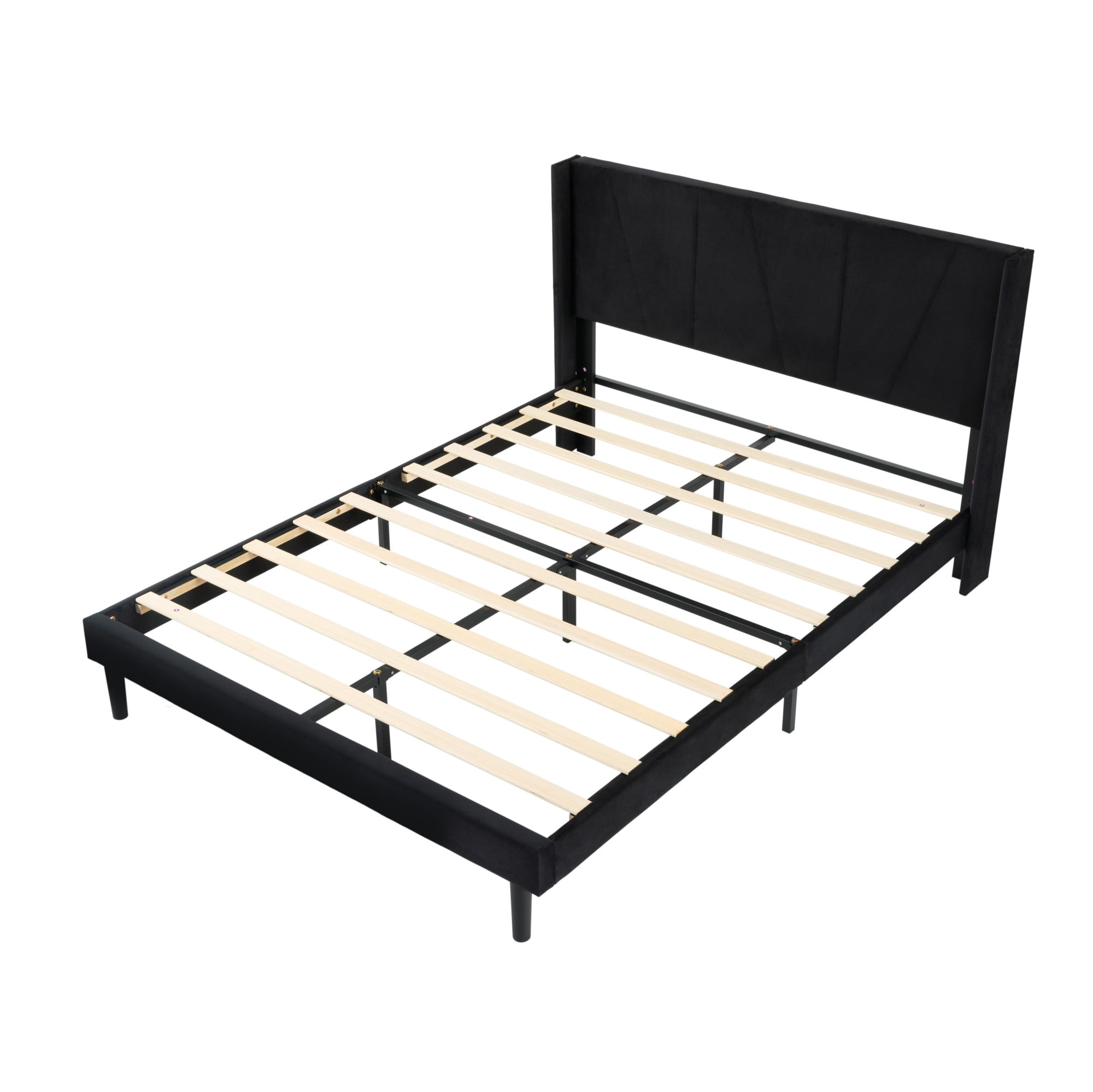 Gewnee Queen Size Bed Frame,Velvet Upholstery Platform Bed with Headboard,No Box Spring Needed,Black