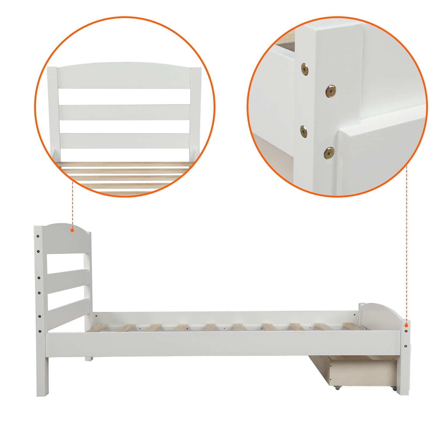 Hommoo Twin Size Platform Bed Frame with Storage Drawer, Platform Twin Bed Frame with Wood Headboard, White