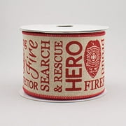 2.5" Wide Natural Canvas Firefighter Support Seasonal Print Wired Ribbon Natural & Red (10 Yards)