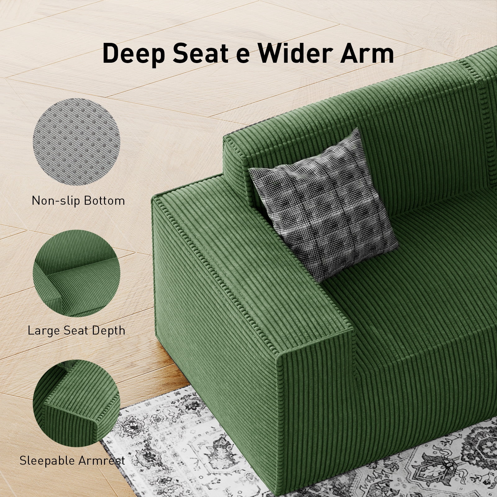 CHITOOMA Modular Sectional Couch, 111" Corduroy Cloud Couches with Deep Seats and High-Back Design, 3-Seater Sofa for Living Room, No Assembly Required, Green