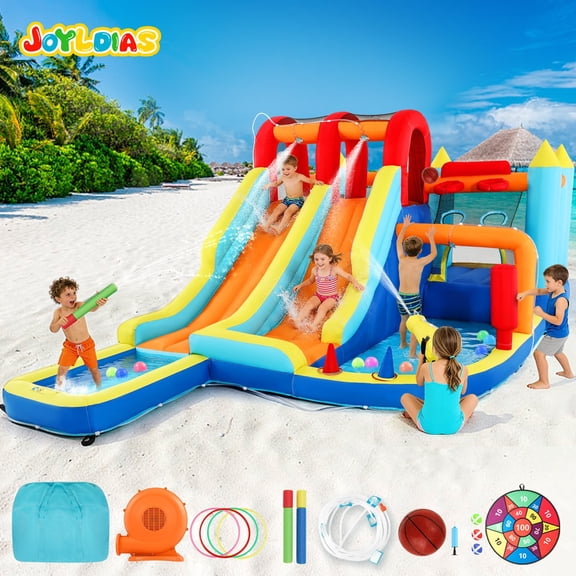 JOYLDIAS Inflatable Bounce House Double Water Slides Castle with Water Guns, Splash Pool, Trampoline, Climbing Wall, Ring Toss, Felt Ball Target, Air Blower