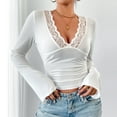 thumbnail image 4 of aidice Womens Tops Casual Deep V Neck Lace Long Sleeve Slim Fitting Comfy Blouses Solid Color Trendy Tops, 4 of 7
