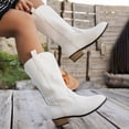 thumbnail image 4 of Rokment Womens Wide Calf Cowboy Boots Fashion Embroidered Leather Pointed Toe Chunky Block Heels Western Mid Calf Cowgirl Riding Boots White Size 6, 4 of 7