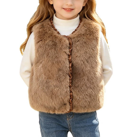Girls Furry Fleece Sleeveless Waistcoat, Solid Leisure Warm Vest Coat, Lightweight Winter Layering Outerwear for Kids Daily Wear 10-11 Years
