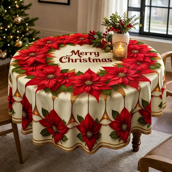 Christmas Round Tablecloth 59.8in Poinsettia Merry Christmas Print Waterproof Fabric Table Cover for Holiday Dinner Party Kitchen Dining