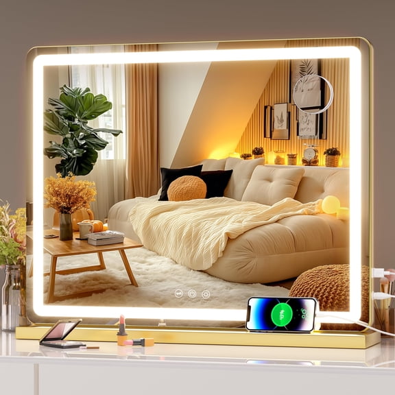 Hasipu 23" x 18" LED Vanity Mirror with Touch Screen Dimmable Lighted Makeup Mirror with 3 Lighting Modes, Gold Round Frame