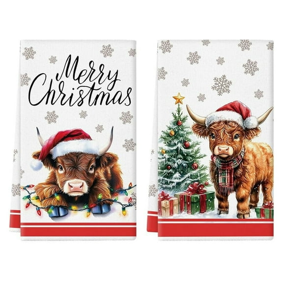 Christmas Kitchen Towels Highland Cow 18 x 26 Inch Set of 2 Dish Towels Hand Towels for Winter Holiday Home Indoor Bathroom Party Dining Decor Gifts