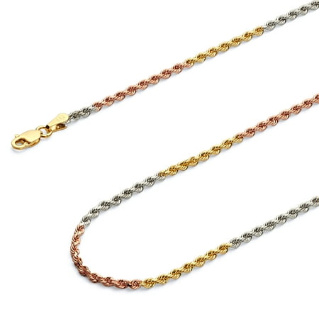 Wellingsale 14k Tri 3 Color Gold Polished Solid 2.0mm Solid Rope Diamond Cut Chain Necklace - 24"