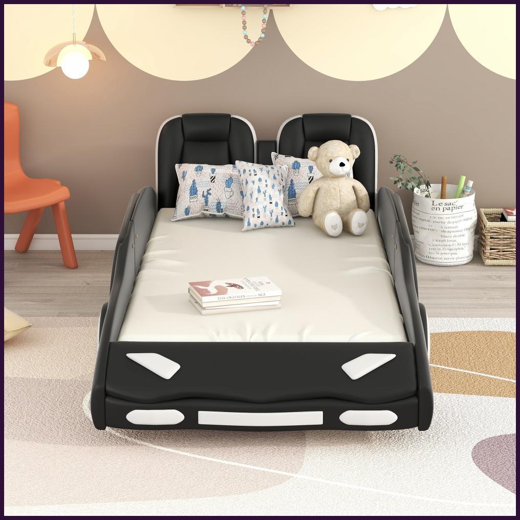 Twin Size Pine Wood Platform Bed Frame, Race Car Design with Wheels, No Box Spring Needed, Black