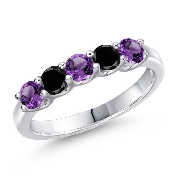 Gem Stone King Purple Amethyst and Black Diamond Wedding-Bands Ring for Women | 925 Silver | 0.82 Cttw | Round 3.5MM | Gemstone Birthstone | Wedding Engagement Anniversary Promise Ring | Size 5