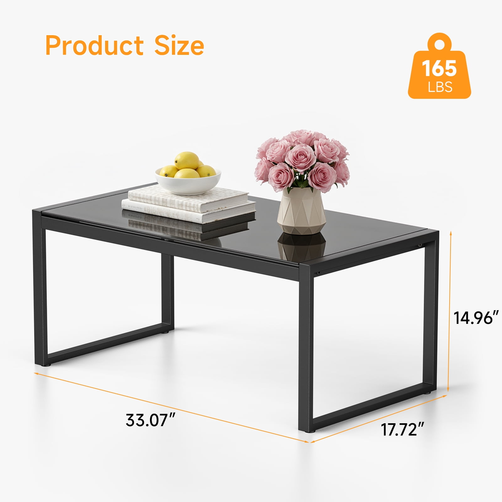 Dovov Outdoor Patio Coffee Table with Glass Top, All Weather Metal Rectangle Coffee Table Indoor Outdoor Glass Table for Patio Living Room, Black