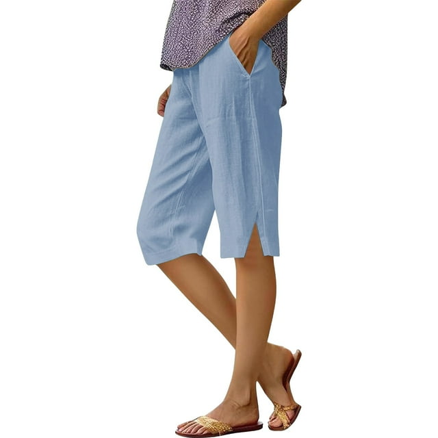 Shorts Décontractés à la Mode pour Femmes avec Fente et Poche en Coton Lin