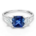thumbnail image 2 of Gem Stone King 10K White Gold Blue Created Sapphire and Moissanite 3 Stone Engagement Ring for Women (2.26 Cttw, Cushion 7MM, Gemstone September Birthstone, Size 5.5), 2 of 5