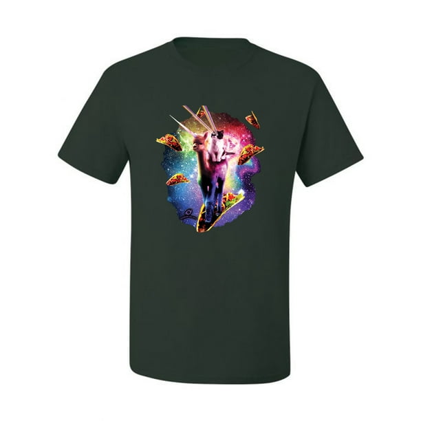 Wild Bobby Cosmic Trippy Cat Riding Llamacorn in Space Animal Lover Men Graphic Tees Forest Green Small