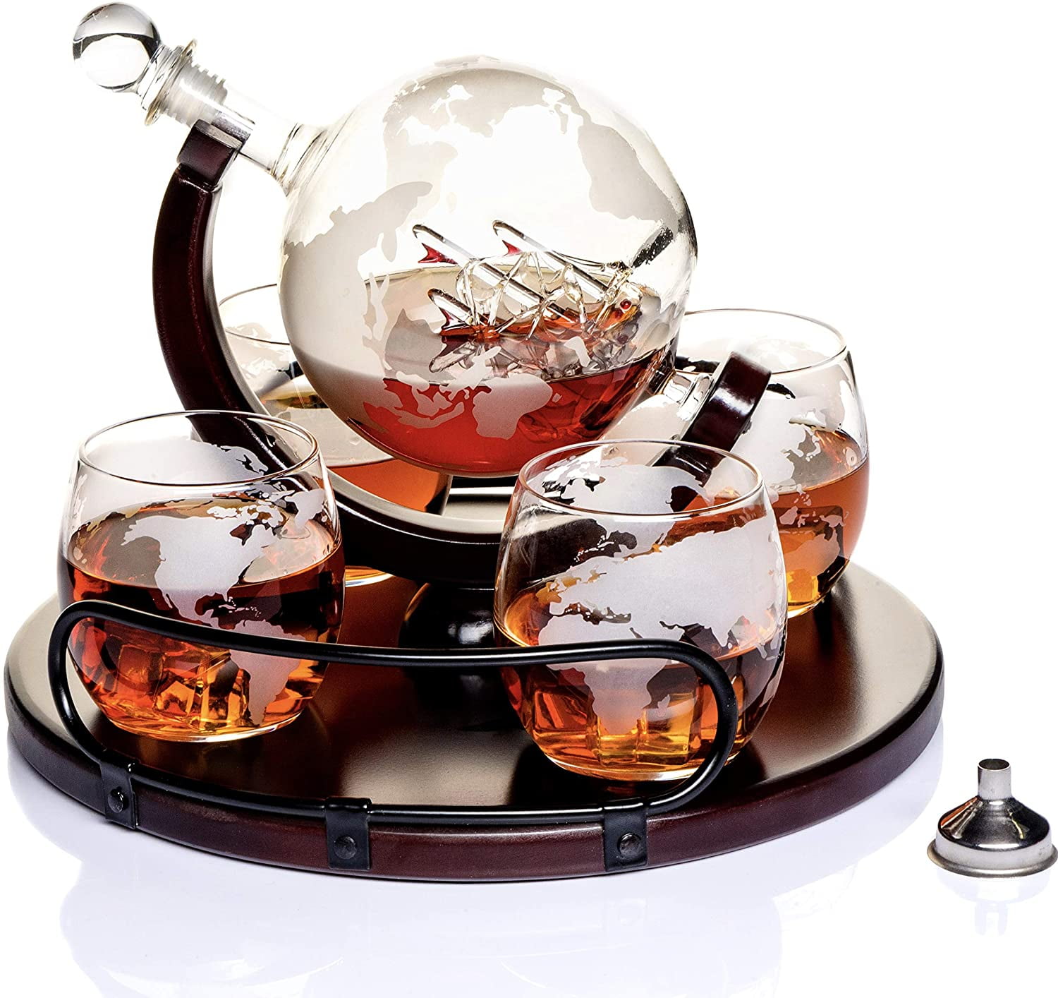 1000ml Whiskey Decanter 4 Cup Set Liquor Wine Glass Globe World Ship Decor
