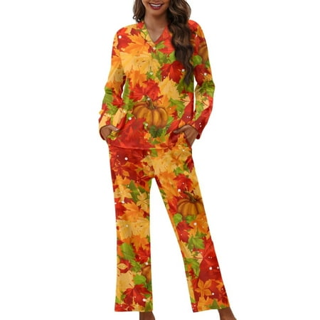 

Renewold Women Button Pajamas Set of 2 Pumpkins Maple Leaves Pj Set Snug-Fit Sleepwear Athletic Clothing for Vacation Home Party Thanksgiving Fall Winter Nightwear Indoor Loungewear Size 2XL
