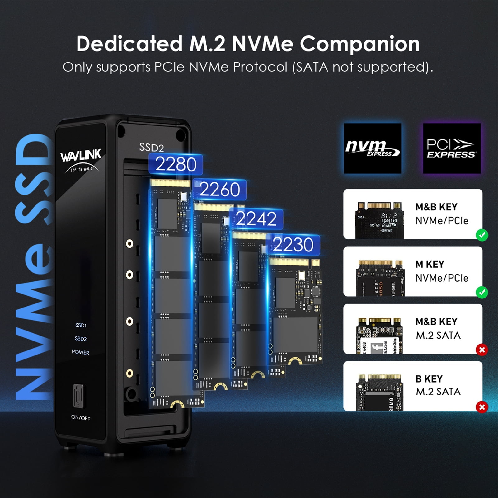 WAVLINK M.2 NVMe SSD Enclosure (Dual Bay), SSD Case with USB3.2 Gen 2x2 20Gbps, Supports 2x NVMe SSDs up to 16TB (8TB Each), RAID 0 for Windows/Mac/Android (Phone OTG is Required)