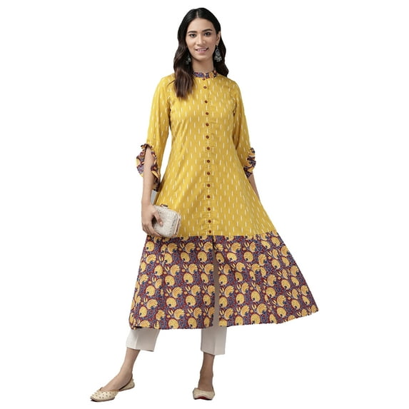 Yash Gallery Women's Cotton Ikat Print Anarkali Kurta (Mustard)