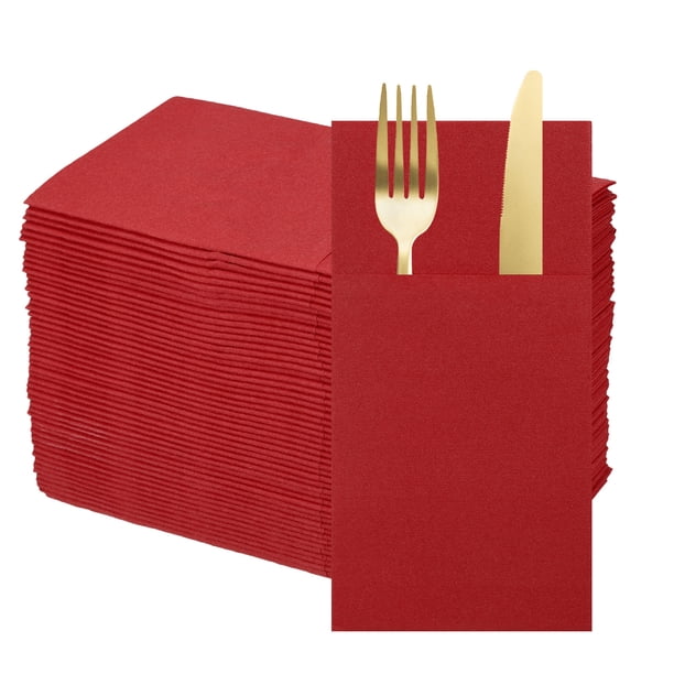 100 Pcs Servilletas Desechables con Sensación de Lino y Bolsillos para Cubiertos Incorporados, Servilletas de Papel para Cuchillo y Tenedor Rojo Oscuro