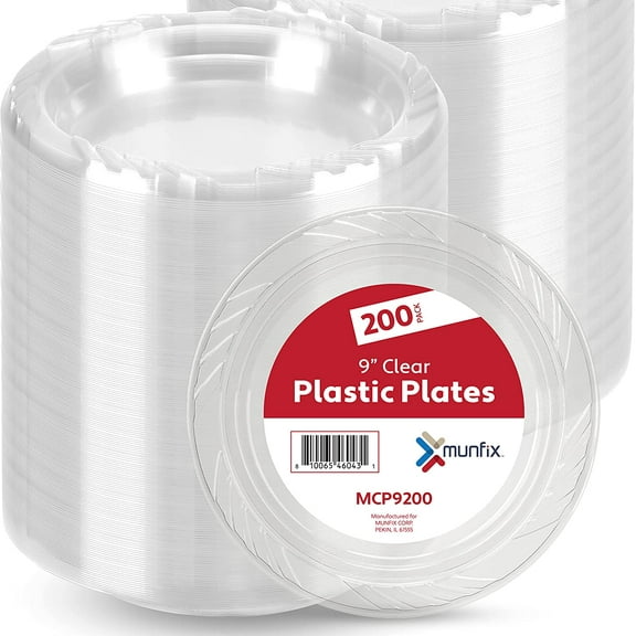 Munfix Disposable Clear Round 9" Plastic Party Plates (200 Count)