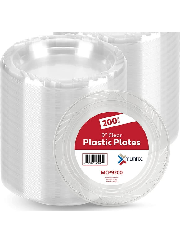 9 Inch Clear Plastic Plates 200 Bulk Pack - Disposable Plates for BBQ Party Dinner Travel and Events, Microwavable Recyclable