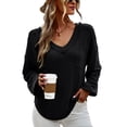 thumbnail image 1 of Camisa de manga larga para mujer, cuello en V, Color puro, corte holgado, Top para mujer con bolsillo en el pecho para el trabajo diario y vacaciones, 1 of 8