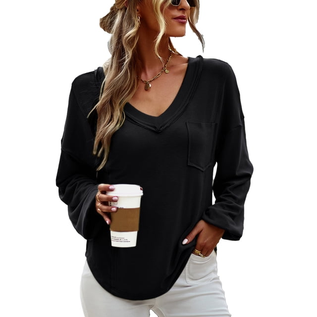 Camisa de manga larga para mujer, cuello en V, Color puro, corte holgado, Top para mujer con bolsillo en el pecho para el trabajo diario y vacaciones
