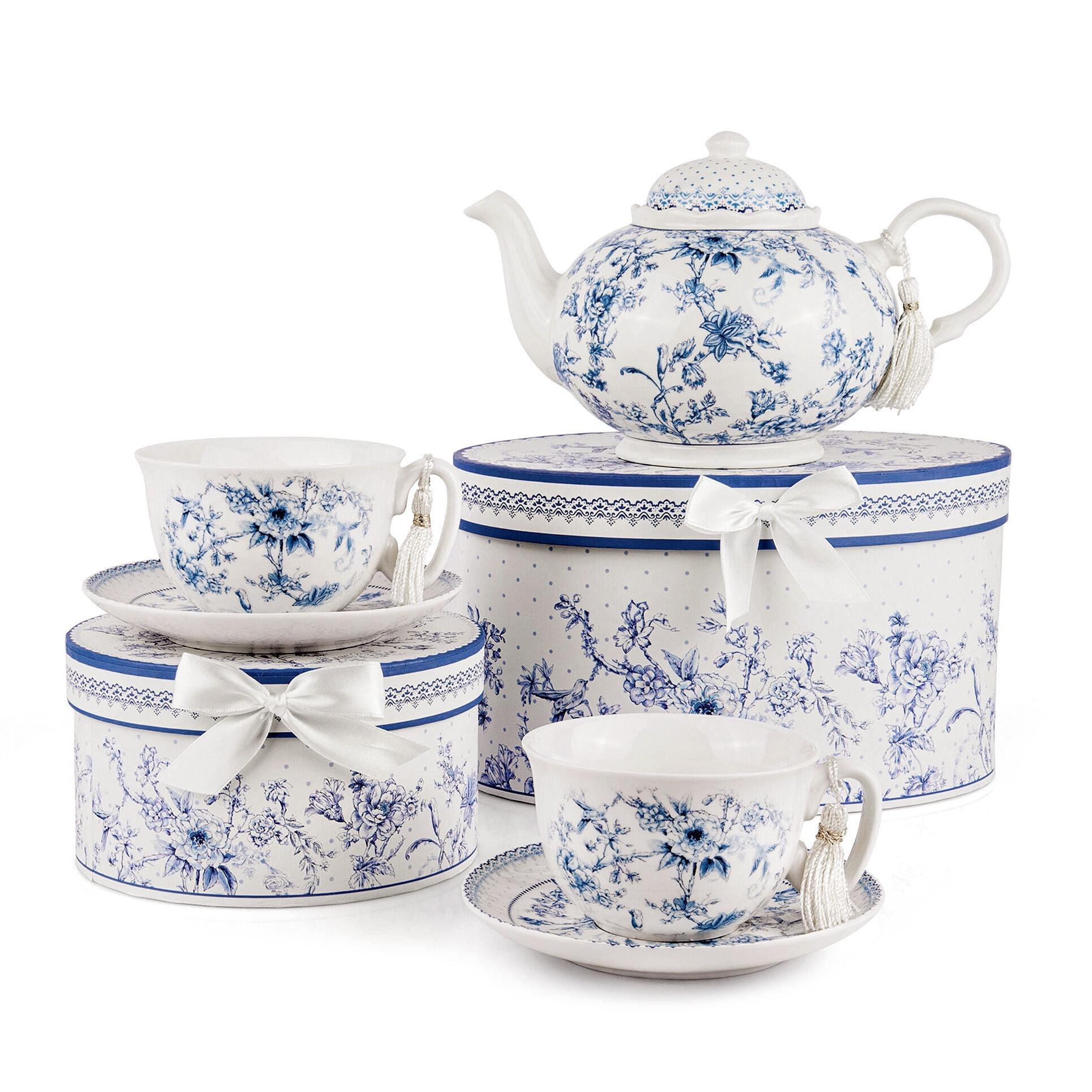 STPgoods Blue Flowers Bone China Tea Cup and Saucer Set for 1 in