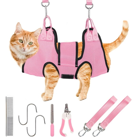 Dog Grooming Hammock, Pet Grooming Hammock for Cats & Dogs with Security Strap, Dog Sling for Nail Trimming with Nail Clippers/Trimmer, Nail File, Pet Comb(Pink XS)