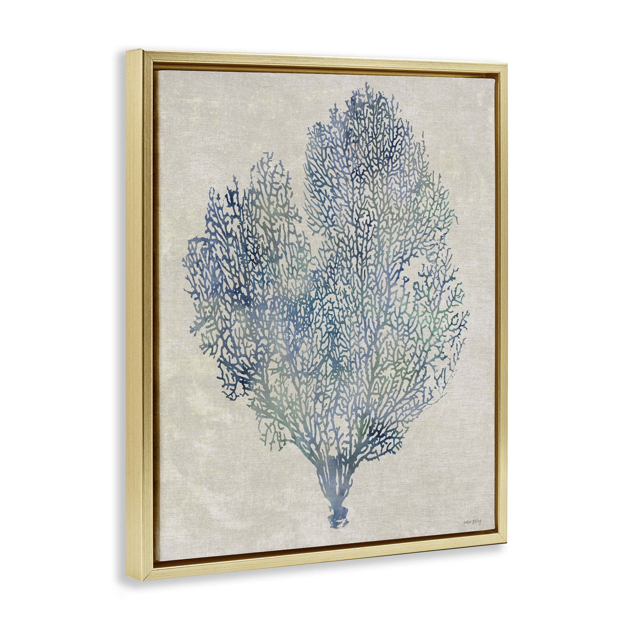 Stupell Industries Fan Coral in Blue & Green Gold Framed Floater Canvas Wall Art, design by Amber Sterling