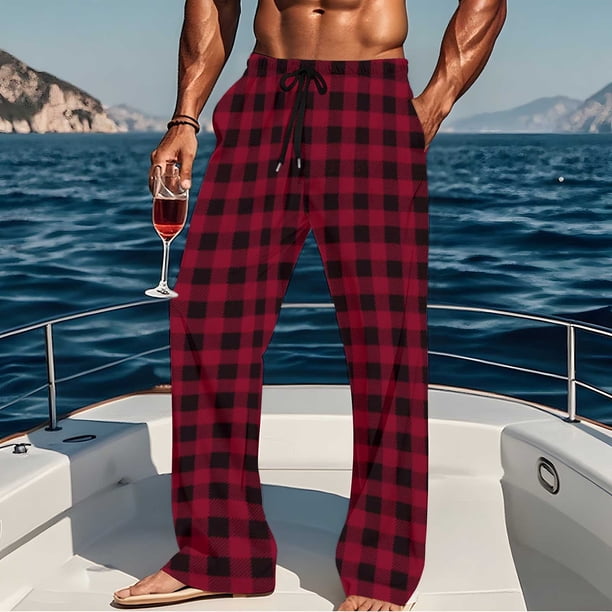 Pantalones de pijama largos para hombre, informales, con estampado a cuadros, holgados, deportivos, elásticos, rectos, vintage, con bolsillos