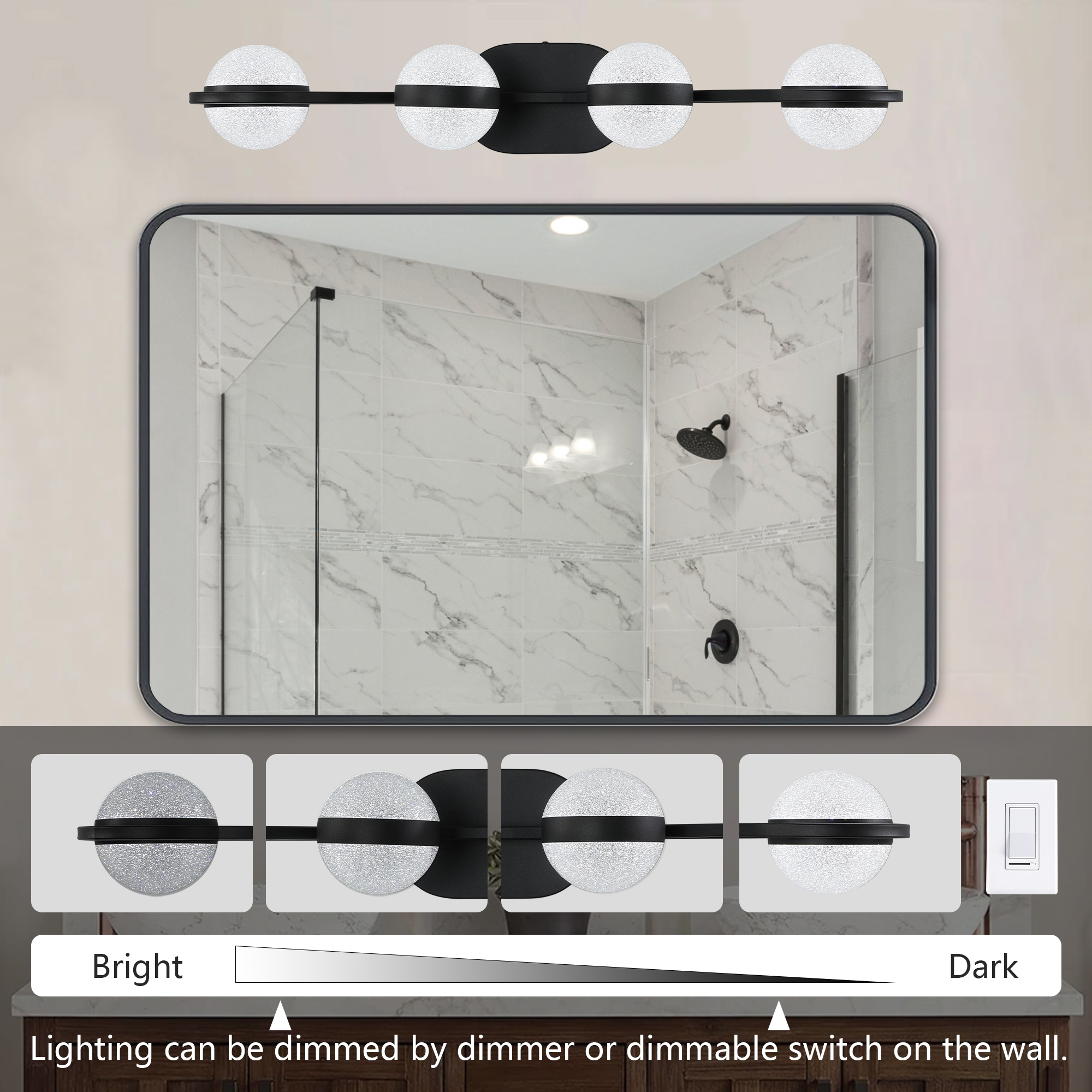 Miniyam Bathroom Vanity Light , Modern Acrylic Wall Lighting Fixtures over Mirror (Black, 4-Light)