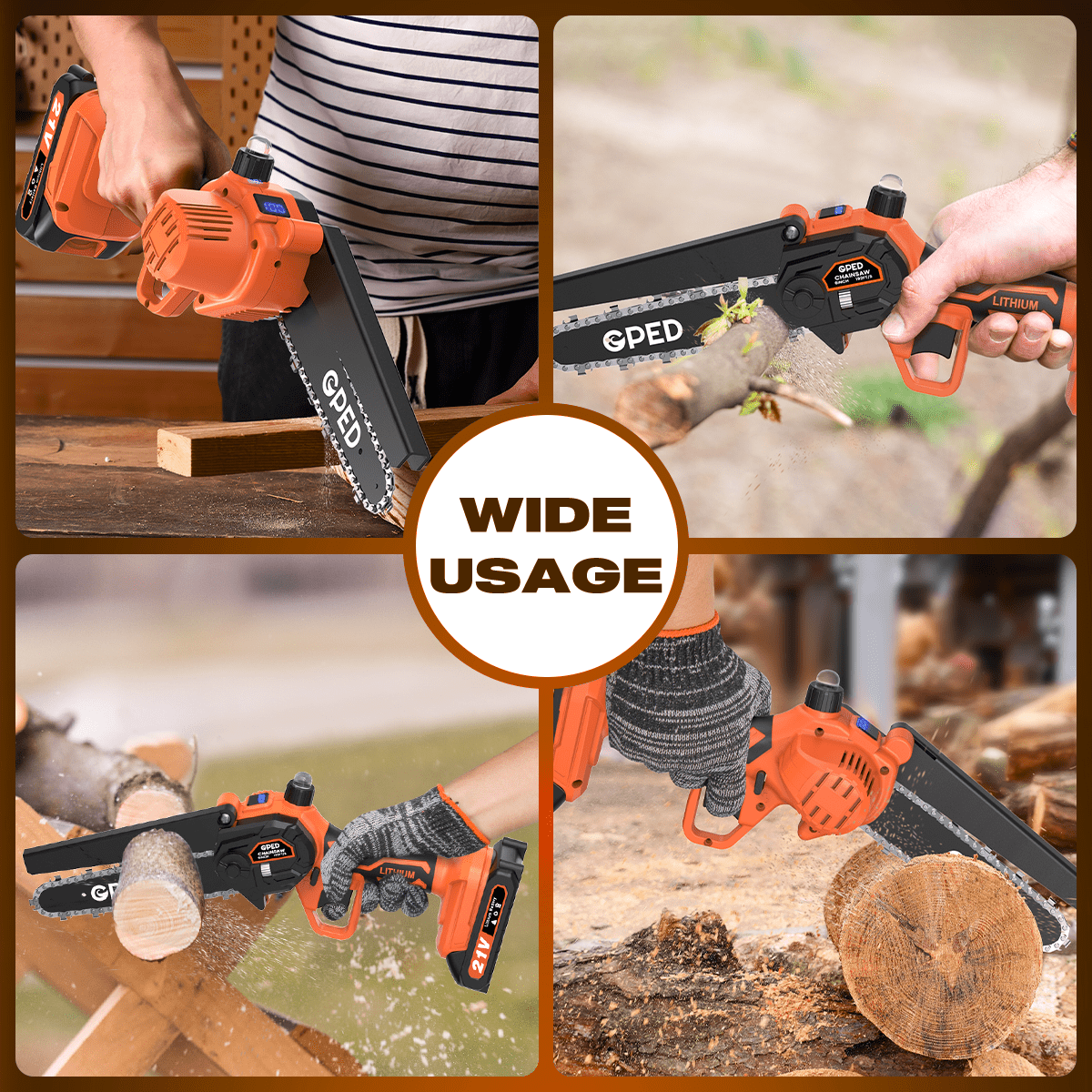 GPED Mini Chainsaw Cordless 6 inch with 2 Battery, Mini Power Chain Saw with Security Lock, Electric Chainsaw, Handheld Small Chainsaw for Tree Trimming Wood Cutting, Orange
