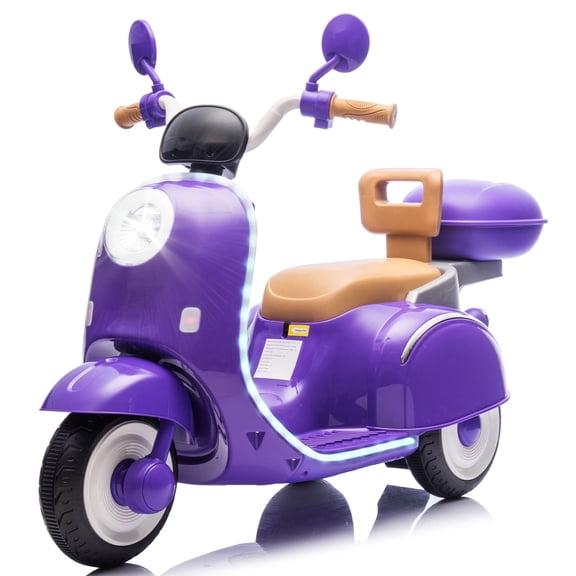 Xuanlur 12V 2 Seater Dual Motor Kids Motorcycle, Ride On Electric 3 Wheels Motorbike with Storage Compartments, Kids Ride On Scooter for Boys Girls, USB, Bluetooth, Light, Anti-slip, Purple