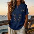 thumbnail image 5 of Embroidered Linen Shirt for Women, V-Neck Short Sleeve Cotton Blend Tunic with Floral Details - Loose Fit Casual Summer Top Navy XXXL, 5 of 8