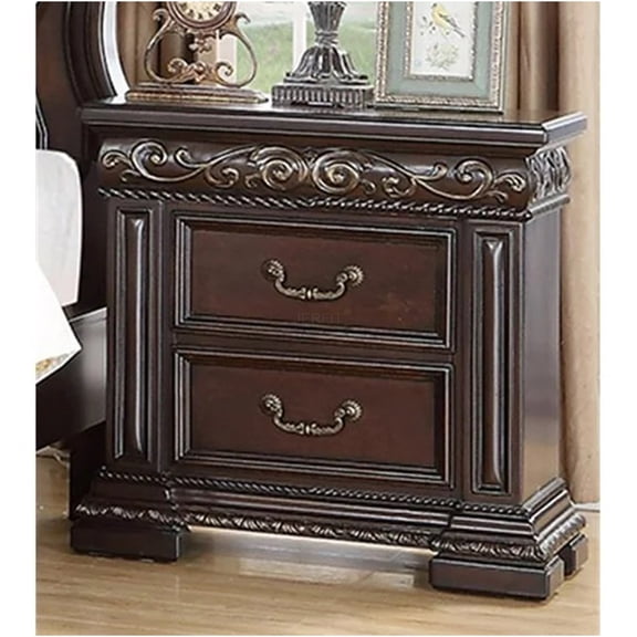 JERFIT Solid Wood Nightstand with 2 Drawers, Traditional Carved Bedside Table for Bedroom, Dark Cherry Finish