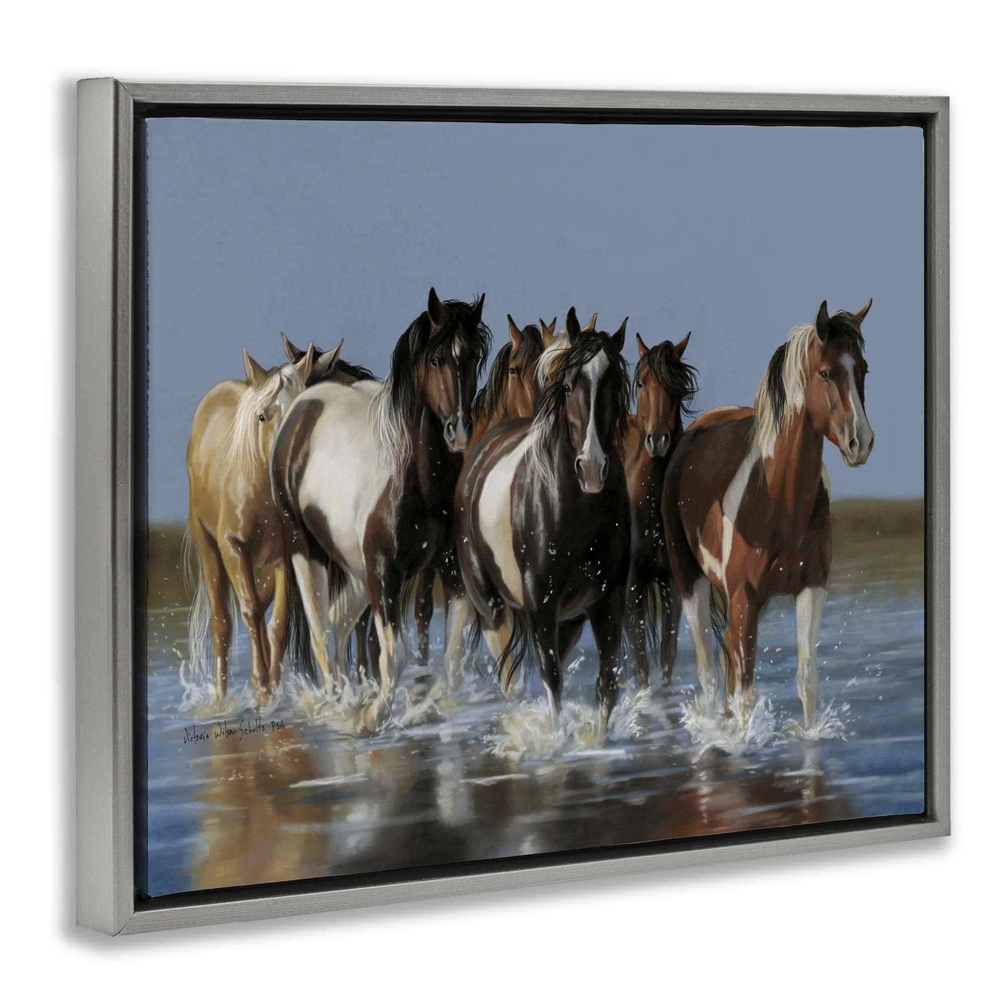 Stupell Industries Horses Running Through River Animals & Insects Painting Gray Floater Framed Canvas Art Print Wall Art, 21 x 17