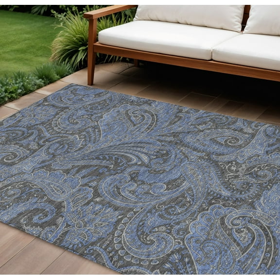 9' X 12' Charcoal Gray And Blue Paisley Washable Indoor Outdoor Area Rug